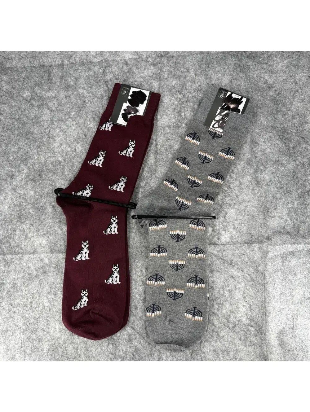 Bundle of 2 J. Crew Lightweight Dress Socks Menorahs Dogs Gray Burgundy 928